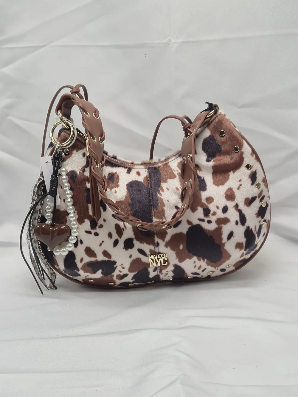 Brown & Cream Cow-Print Hobo Bag